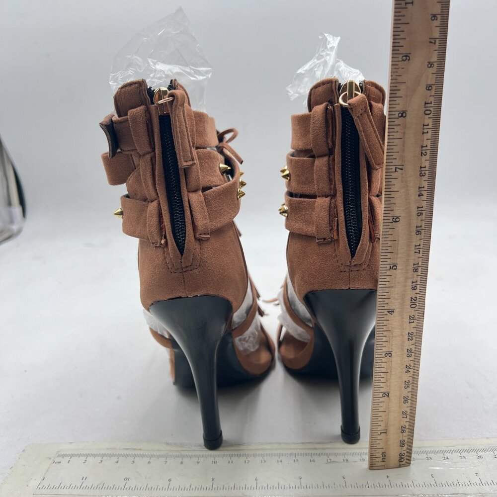 FSJ Brown Tassels Gladiator Open Toe Stiletto High Heel Fringed Rivets Sandals - Picture 5 of 8